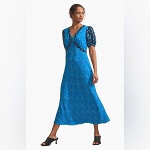 NWT $139 RO&ZO Ditsy-Print Puff-Sleeve Woven Midi Dress - Blue Sz 6